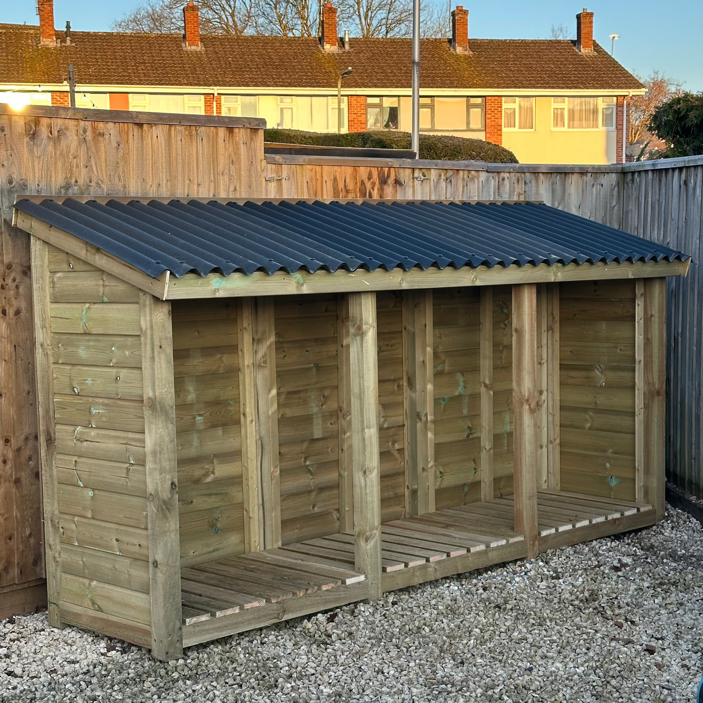 10ft open fronted log store with onduline roof