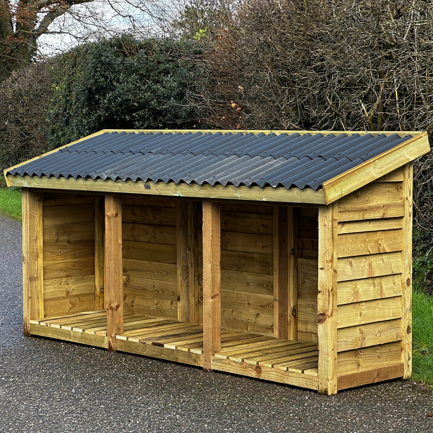 10ft log shed with open front and onduline roof